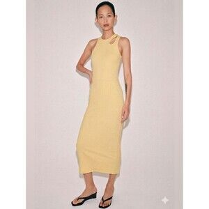 Zara Ribbed Midi Dress in Pale Yellow with Shoulder Cutout